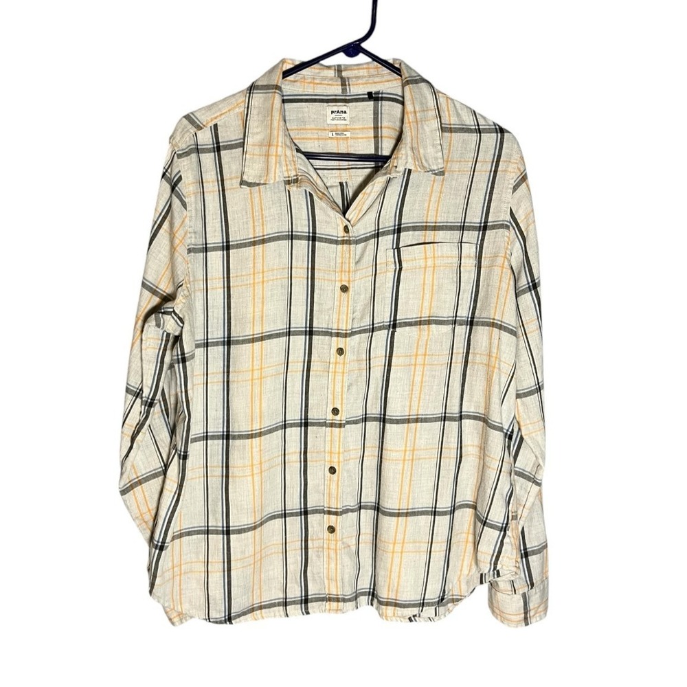 PrAna Women's Long Sleeve Button Up Plaid Shirt L Roll‎ Tab Sleeves